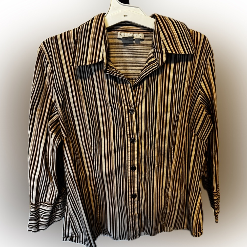 Ninety Striped Button Down Blouse – Brown Neutral Long Sleeve